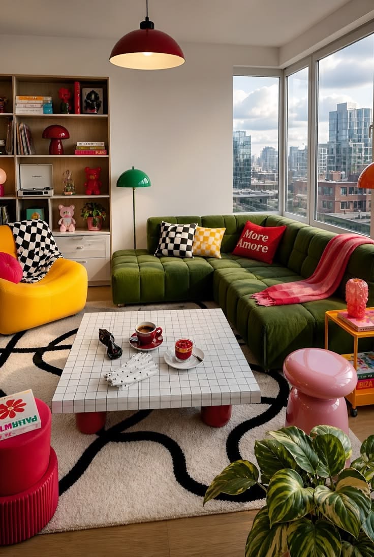 Colourful living room with a teal sofa and pink wall accents