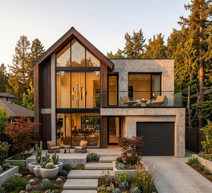 Modern home exterior with stone, timber, and glass